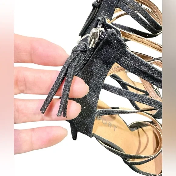 Black/ Sparkly Strappy 3 1/2” High Heel Sandals, Report, worn one time, size 7 - Picture 2 of 12